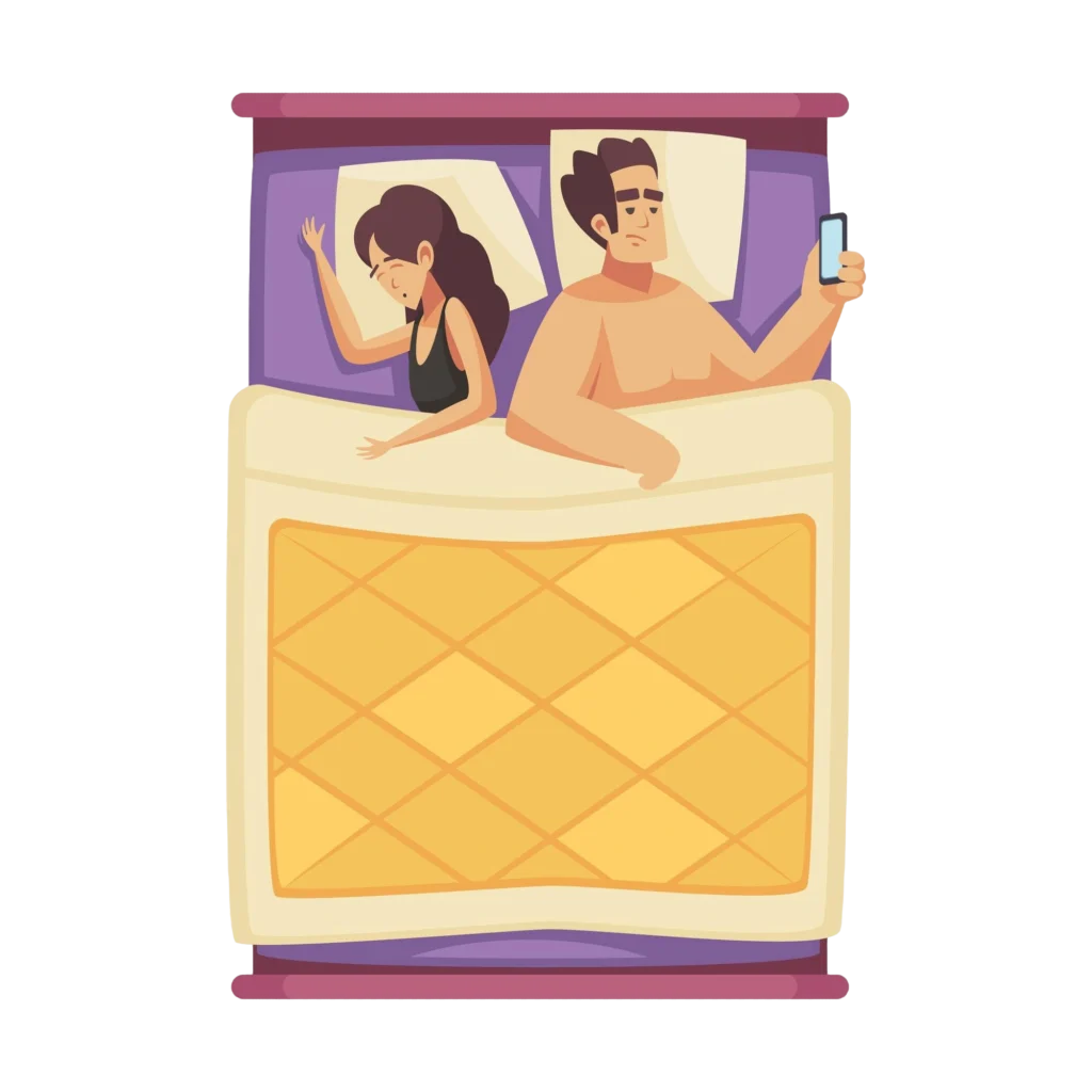 sleep time composition with view couple bed with sleeping woman awake man with smartphone flat vector illustration